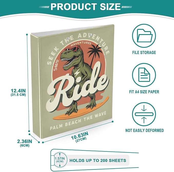 Cool Dinosaur Dino Round Ring Binders 1.5 Inch Palm Beach Surfing Dragon 3 Ring Clipboard Binder for Office School Work Supplies File Folder Document 200 Sheet Capacity Easy Open