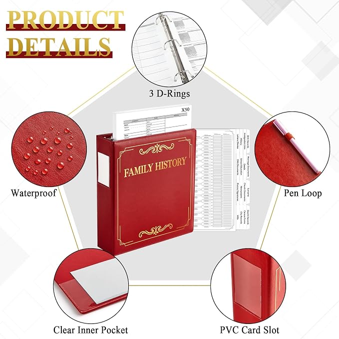 Family History Binder 3 Ring 50 Families Group Sheets 8th Generation Family Tree Chart 16 Sheets Genealogy Binder Burgundy Cover Genealogy Organizer Supplies with Pen Loop Pocket for Families History