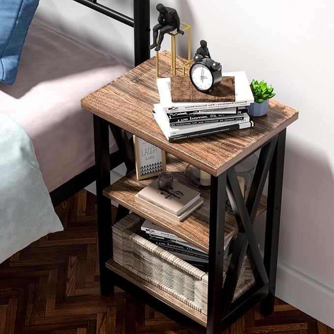VECELO End Table Set of 2, Bedside Table, 24" Tall Living Room End Tables, X-Design Reinforced Nightstands, Side Table with 3-Tier Storage Shelves for Small Spaces, Office, Bathroom, Bedroom, Brown