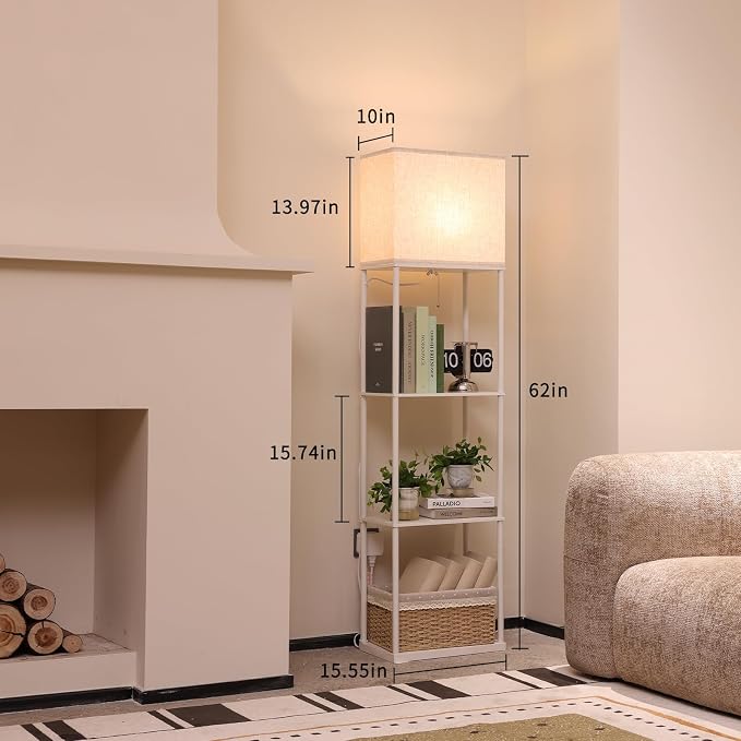Gupuzm Floor Lamp with Shelves, Large Size Rectangle Standing Lamp with 3 Color Temperature Bulb, Corner Display Bookshelf Lamp for Living Room, Bedroom and Office（White-9W）
