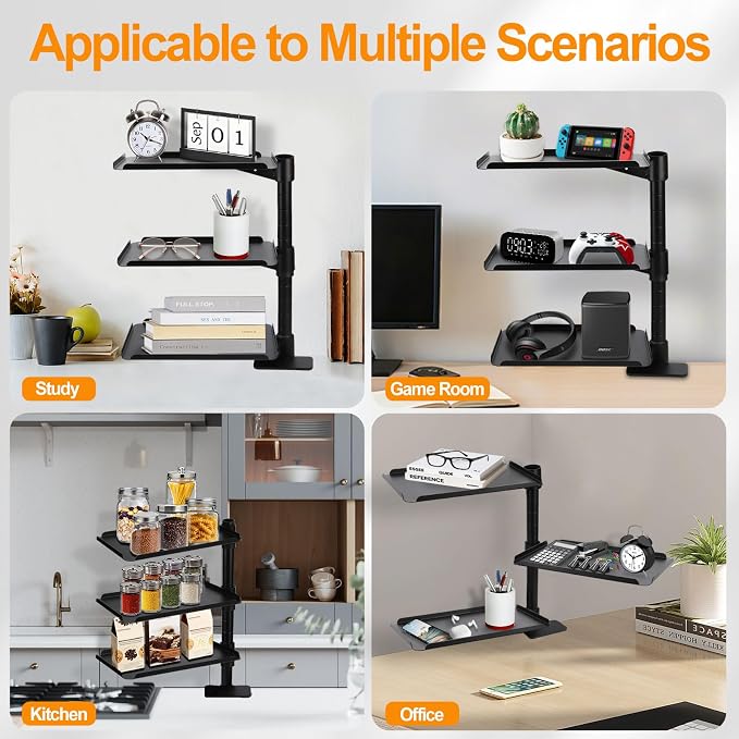 3 Tier Clamp On Desk Shelf,360° Rotatable Adjustable Above or Under Desktop Organizer,Carbon Steel Storage Tray for Home Office and Gaming Accessories（Black）