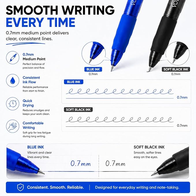 Volcanics 24 Pack Retractable Erasable Gel Pens, 12 Blue & 12 Soft Black Ink, 0.7mm Medium Point Clicker Erasable Pens with Built-in Eraser for School, Office, Note Taking and Journaling