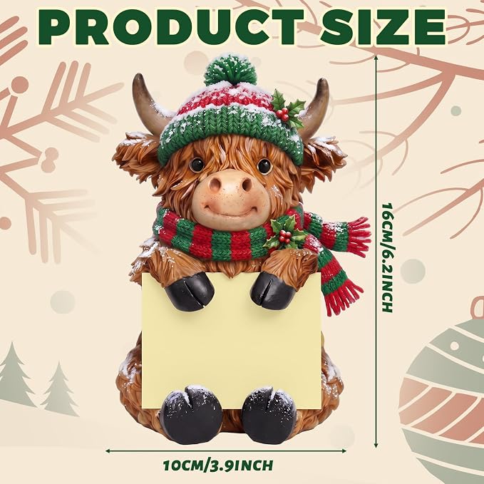 Thenshop Christmas Highland Cow Pop up Sticky Note Dispenser with 100 Sheet | Christmas Sticky Note Holder, Highland Cow Desk Accessories, Resin, Red Green Scarf Hat, Back to School Classroom, 3 x 3 Inch