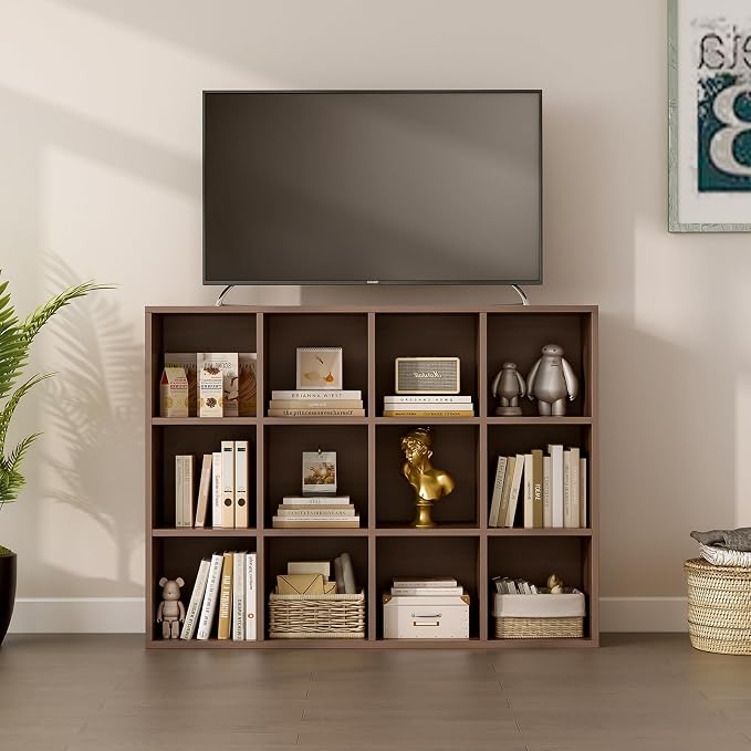 12-Cube Storage Shelf Bookcase, Walnut | Wooden 3-Tier Open Bookshelf, Fits 11×11" Bins, Vertical or Horizontal Use, Full Back Panels, For Home Office