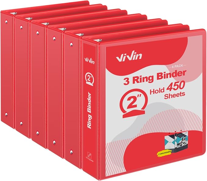 ViVin 2 Inch Round Ring View Binder for Durability, 6-Pack (Red) | Standard 3 Ring Binder for 450 Sheets of US Letter Size Paper, PVC-Free, Clear Front Pocket, Office Home School Use
