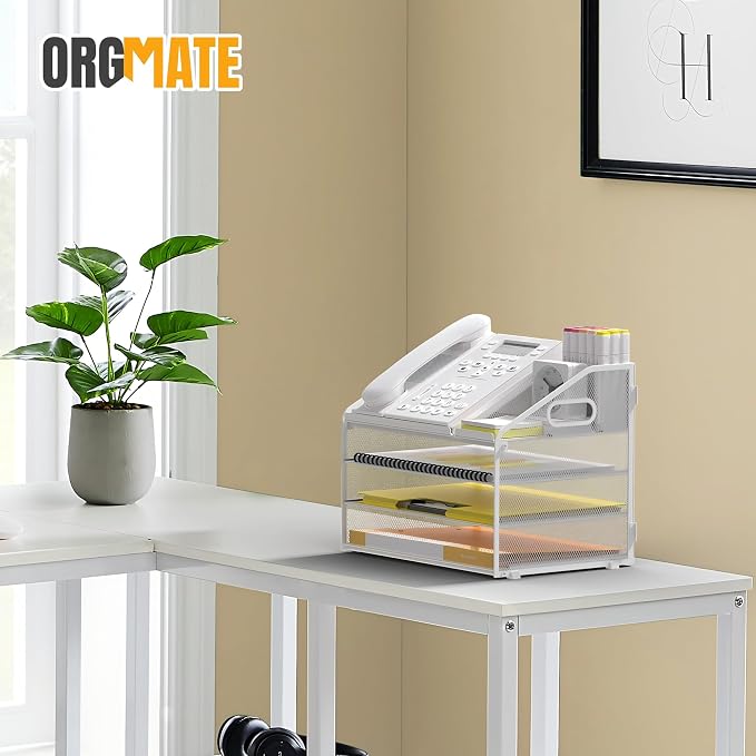 4 Tier Mesh Desk Organizer with Pen Holder and Handle Letter Tray | Metal desktop document shelf and paper sorter. Premium mesh workspace storage for office, home, and classroom