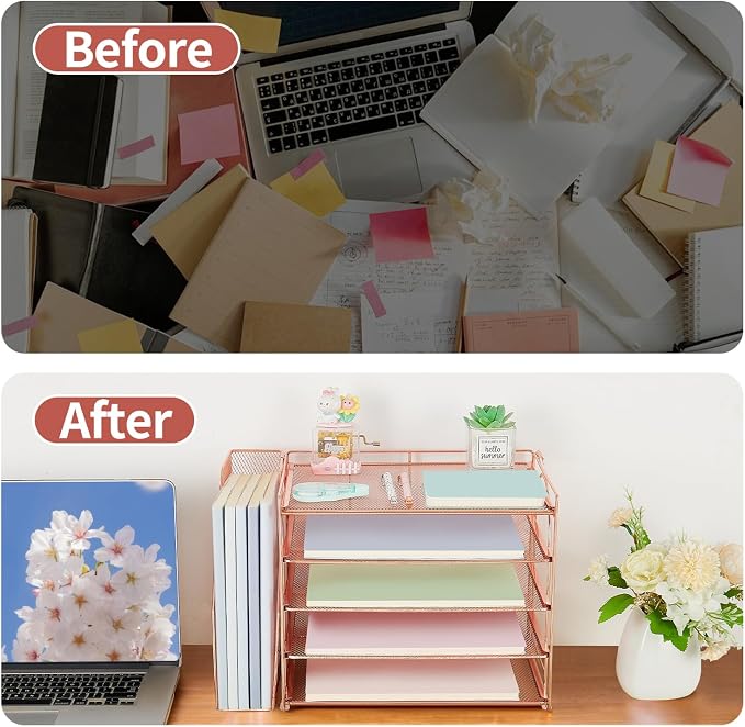 AUPSEN Rose Gold Desk Organizers and Accessories, 5-Tier Desktop Paper File Organizer with Removable File Holder, Desk Accessories & Workspace Organization for Home Office Supplies (Rose Gold)