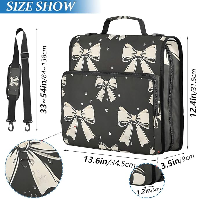 3 Ring Zipper Binder with Shoulder Strap Black White Bow 1.5 inch Binders Keeper Large Capacity Multi Pockets for School Office Supplies
