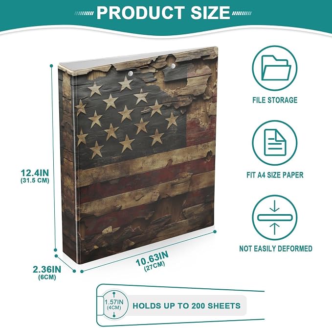 Vintage American Flag 3 Ring Binder 1.5 Inch Binder with Clipboard PVC Pockets Fits 8.5 x 11 Inch Paper Holds 200 Sheets for School and Office Supplies