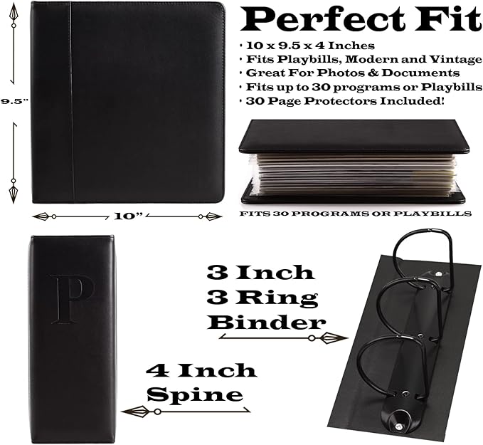 2Fold Binder for Holding Broadway Play Program and Theater Programs with 30 Custom Sheet Protectors - PU Leather - Fits Programs from Mid 1980s to Modern (Black EmbossedP)