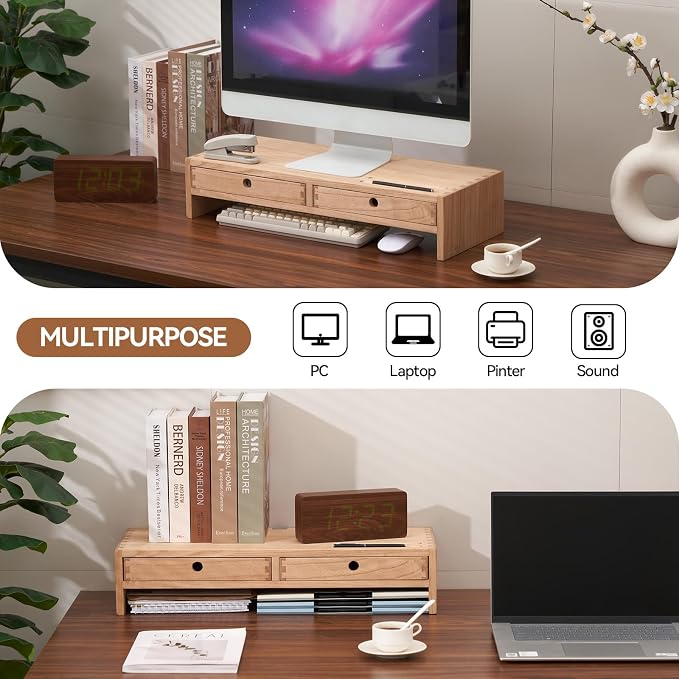 KIRIGEN Solid Wood Monitor Stand with 2 Drawers, Desk Riser, Natural PMJ-NA | Desktop Organizer with Cable Opening and Pen Slots Stores Office Supplies, Supports Up To 50 Lb and Arrives Fully Assembled.