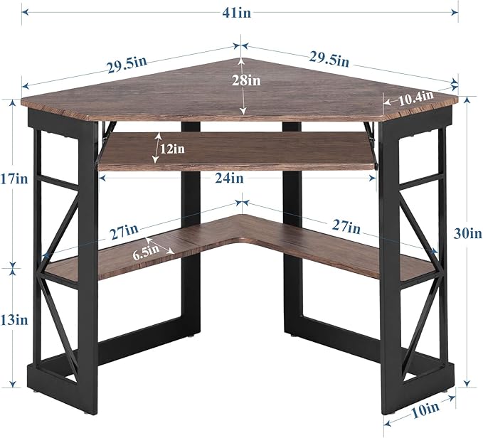 VECELO Corner Desk Computer Desk Writing Table with Smooth Keyboard Tray&Storage Shelves for Small Spaces/Compact Home Office Triangle Table,Brown