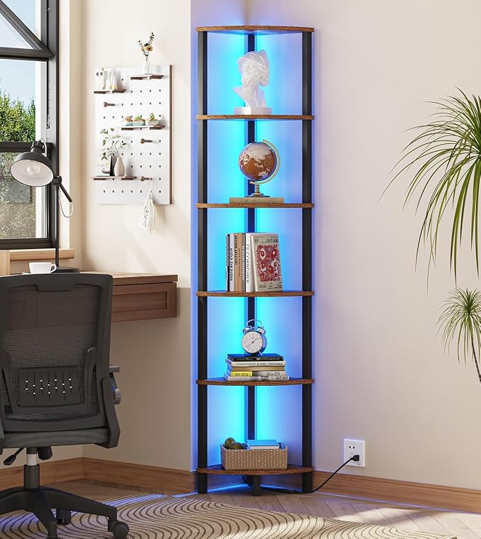 VIMBER 6-Tier Corner Shelf with LED Light, Industrial Corner Ladder Shelf, Rustic Display Shelf for Living Room, Bedroom, Kitchen, Home Office, Sturdy Frame, Rustic Brown and Black UJSJ002F