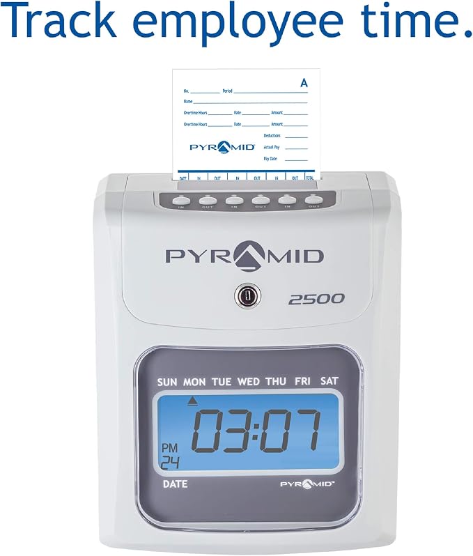 Pyramid Time Systems - 2500 Auto-Aligning Time Clock Bundle [2500K1] | Employee Time Clock, for Small Business, System With 100 Time Cards, 2 Ribbon Cartridges, 10-Slot Rack & Security Keys