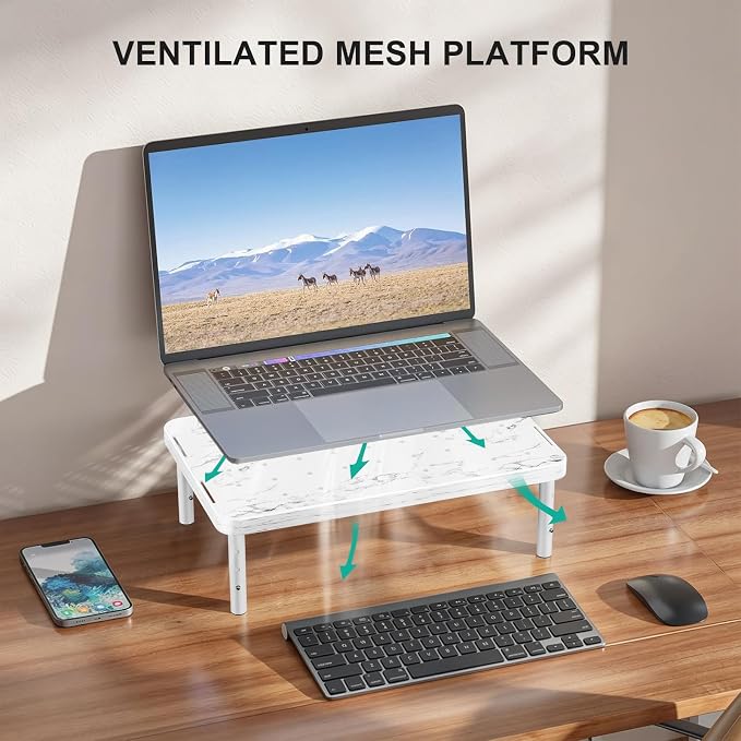 WALI Computer Monitor Stand for Desk, Adjustable Laptop Riser, up to 44 lbs | Desk Monitor Riser Underneath Storage, Fits Notebook, Laptops, Printers, for Home, Office, School(PTT001-M), Marble
