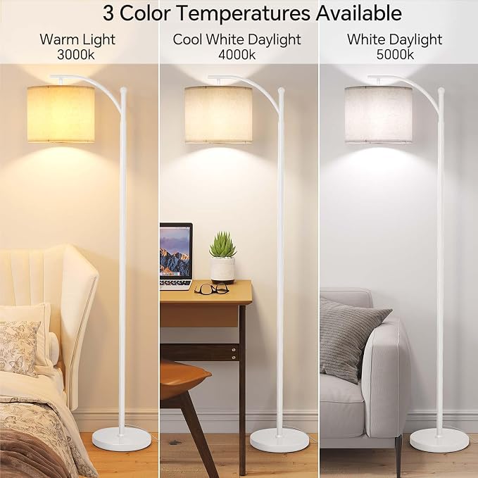 SUNMORY Arc Floor Lamp, Modern Floor Lamp with 9W 3 Color Temperatures Bulb | Metal Standing Lamps with Adjustable Hanging Lampshade, Tall Floor Lamps for Living Room, Bedroom, Office, White