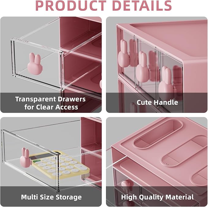 Marbrasse Desk Organizer with 6 Drawers, 3 Tier Stackable Storage Drawers Plastic Makeup Storage, Office Organizers and Storage, Desk Storage Box for Office, School, Home Pink