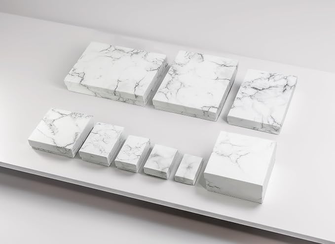 TheDisplayGuys 25 Cardboard Jewelry Gift Boxes with Inserts - Marble White | Size #34 - 3.9" x 3.9" x 2.0", Lids, Cotton Filled Padding, Kraft Paper, Bulk Pack Case, for Shipping, Organizers, Storage