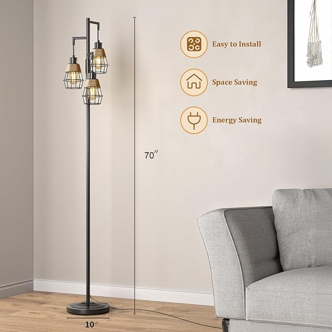 70" Floor Lamps for Living Room, Stepless Dimmable Boho Floor Lamp with 3 Bulbs, Tall Farmhouse Industrial Corner Standing Tree Lamp for Bedroom, Office, Study Room, Dining Room, Black