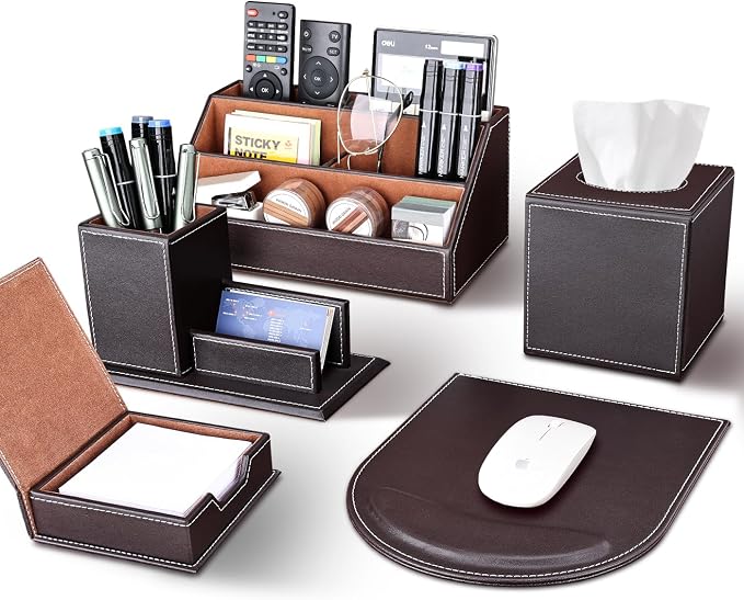 5PCS Desk Organizer and Accessories Set, Pu Leather Office Supplies with Multifunction Desktop Organizer Storage Box, Tissue Holder, Mouse Pad, Note Paper Holder, Pencil Holder for Desk Brown