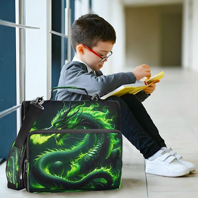 3 Ring Zipper Binder With Shoulder Strap Documents Storage Organizer Green Fire Dragon