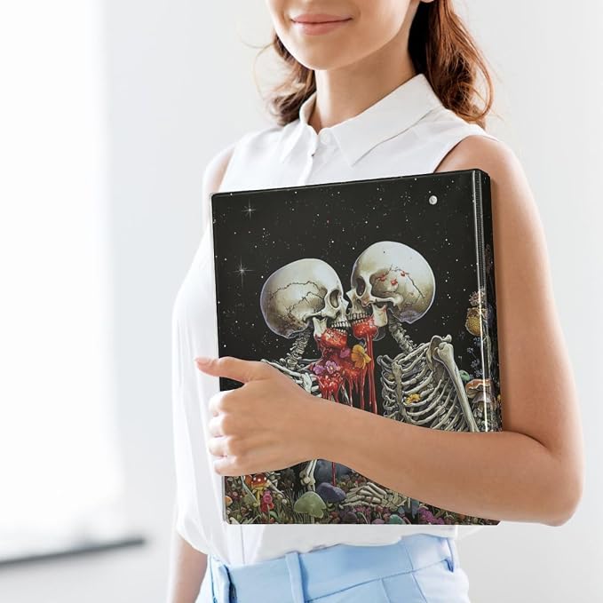 Romantic Gothic Skeleton Binder 1.5 Inch Binder with Clipboard&Pockets, Goth Floral Mushroom Hardcover Binders 3 Ring Heavy Duty Large File Folder for Office School Supplies-Holds 200 Sheets