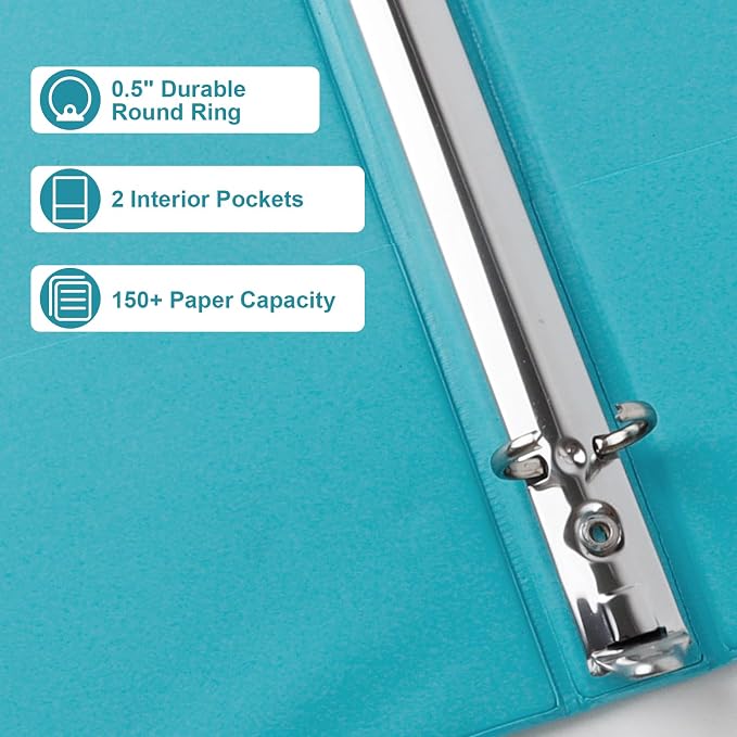 CIXILDTS 0.5-inch Round Ring Binder, Durable 1/2" 3 Ring Binder Fit Letter Size Paper, Light Blue, 6-Pack