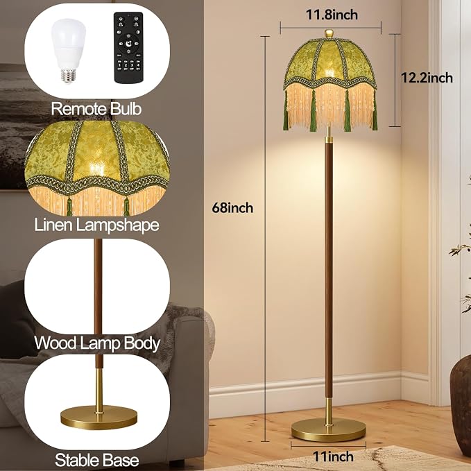 Wood Floor Lamps for Living Room Vintage Floor Lamp with Remote Control & 3 Color Temperature,Dimmable Floor Lamp Mid Century Modern Standing Lamp Green Fringe Tall Floor Lamp for Bedroom Corner