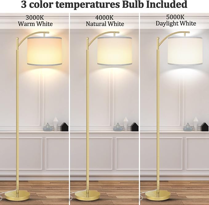 Floor Lamp for Living Room with 3 Color Temperatures LED Bulb, Standing Lamp Tall Industrial Floor Lamp Reading for Bedroom, Office (9W LED Bulb, White Lampshade Included) -Gold