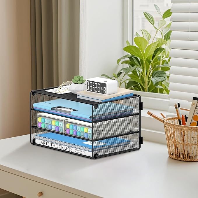 DALTACK 3 Tier Letter Tray Paper Organizer with Sliding Mesh Trays Black | Metal Mesh File Organizer with Sliding Trays for Letter and A4 Paper, Mail, Bills, Folders and Office Documents