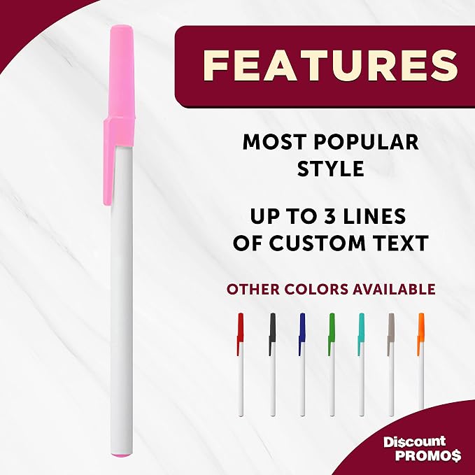 DISCOUNT PROMOS Value Stick Pens Set of 10, Bulk Pack - Black Ink, Great for Office, School, Business, Tradeshows, Events - Pink
