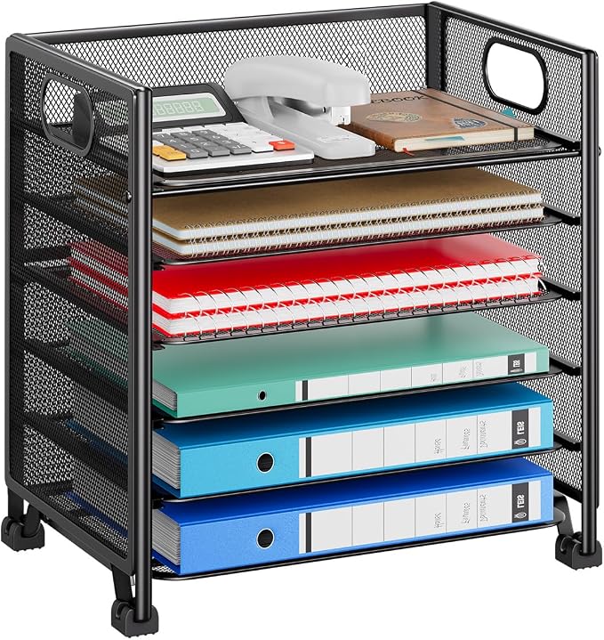 Simple Trending 6-Tier Paper Tray Organizer, File Organizer for Desk, Black | Letter Tray Holder with Handle. Sturdy Metal Frame. Non-slip Feet. Black for Office Home School. 13"L x 8.75"W x 14.6"H