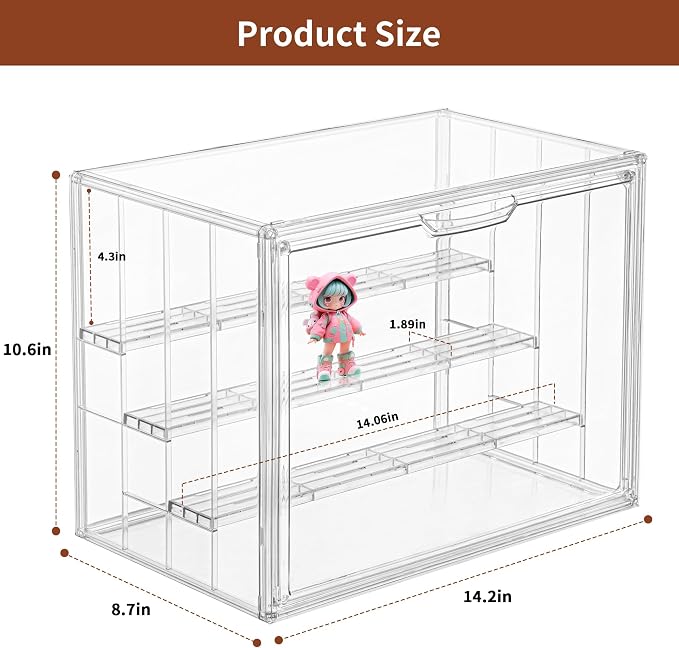 Acrylic Display Case for Collectibles, 4 Tier Figure Display Box | 3 Movable Dividers, Magnetic Door for Easy Access, Clear Showcase, Easy Assembly, Stable Stacking, Wide Handle, Dustproof