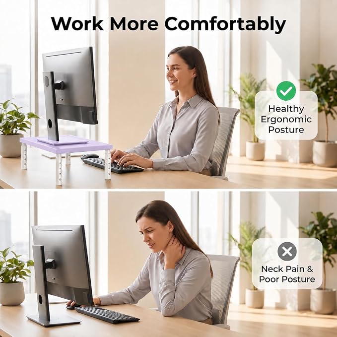 Adjustable Monitor Stand Riser for Desk, Wood Computer & Laptop Stand, Desk Organizers and Accessories, Office Desk Accessories & Workspace Organizer for Home Office Supplies, Purple