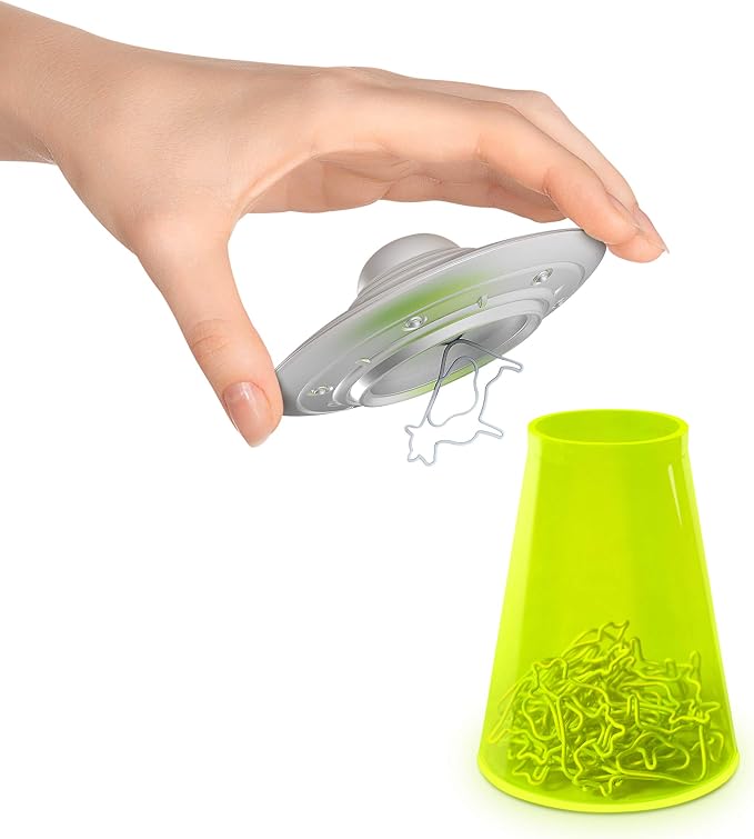 Genuine Fred Filing Saucer Paperclip Dispenser UFO Holder with Cow Paperclips, Space Themed Desktop Organizer Fun and Functional Desk Accessory for Home and Office