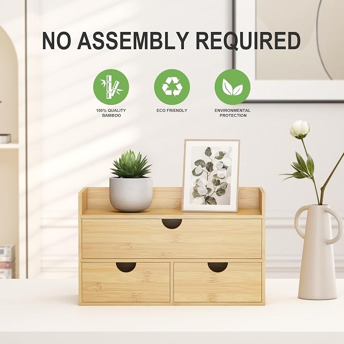 Bamboo Desk Organizer with Drawers, Desktop Storage Box for Office Supplies | 3 Drawers Desktop organizer, No Assembly Required, Natural Wood Wooden Desktop Drawers for Bills, Cosmetics, Seals, Paper