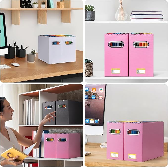 BALEINE 2PK File Organizer Box, Cardboard File Folder Organizer with Handle | Strong Corrugated Paper Core, Label Stickers for Identification, Hanging File Folder Organizer, Home Office Document Storage