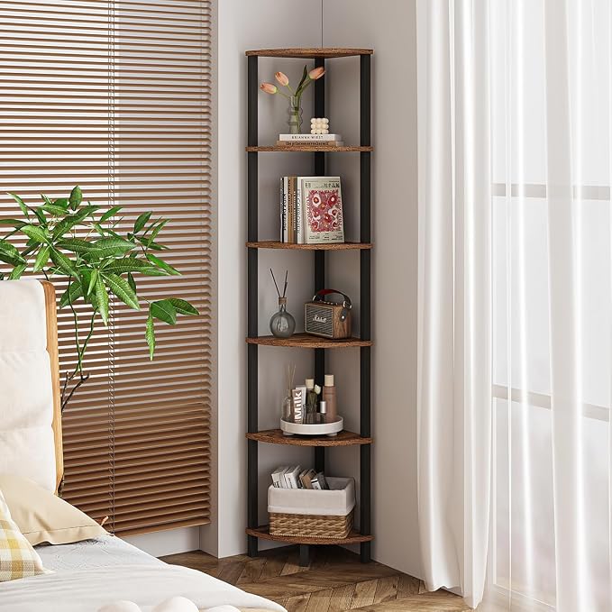 VIMBER Corner Shelf, 6-Tier Corner Bookshelf, Industrial Corner Ladder Shelf, DIY Storage Shelves, Rustic Display Shelf for Living Room, Bedroom, Kitchen, Home Office, Rustic Brown and Black UJSJ004F