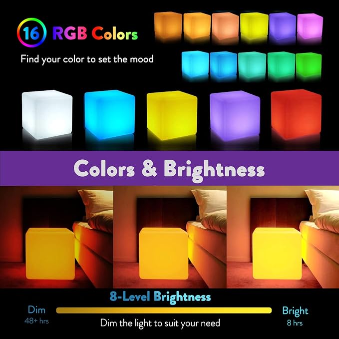 Mr.Go 14-Inch Color Changing LED Cube Light Stool, Glow Cube Seat for Kids | Modern LED Light Side Table, 16 RGB Colors Mood Lighting, Ideal for Home Garden Patio Bar Pool Party Decorative Lighting