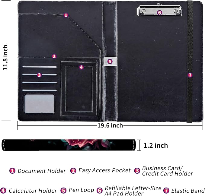 Padfolio/Portfolio Folder Clipboard,Padfolio Clipboard,Writing Portfolio Leather with Cover for Card Holder Slot Letter Size A4 for Office Conference Notepad Clip Boards,Roses Blue Butterfly