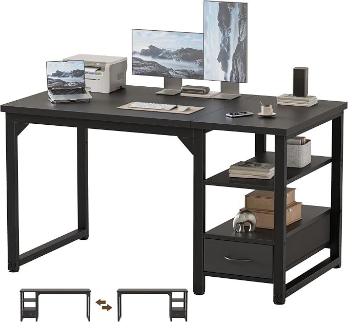 48 in Computer Desk with Drawer, 1" Thick Reversible Office Desk | Modern Writing Table with Storage Shelves, Heavy Duty Industrial Study Desk for Home Bedroom Work