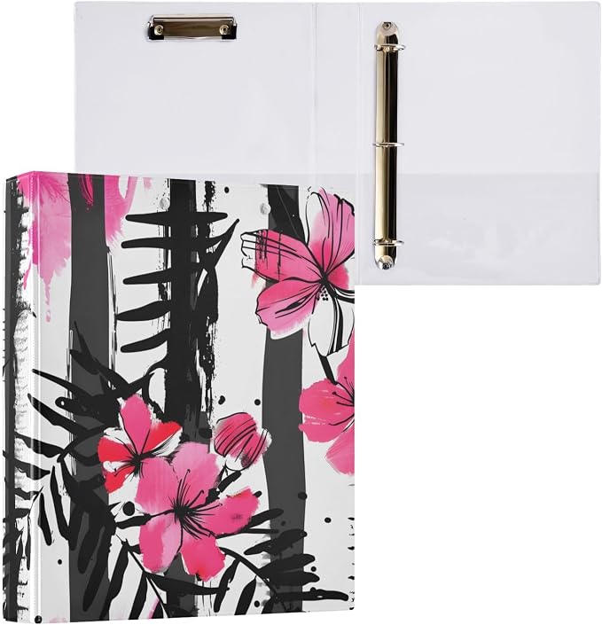 3 Ring Binder Stripes Black White Tropical Pink Flower 1.5 inch Binders Three Ring Binders with Clipboard Fit 8.5'' x 11'' Paper 3 Interior PVC Clear Pockets for Office Supplies