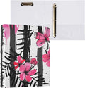 3 Ring Binder Stripes Black White Tropical Pink Flower 1.5 inch Binders Three Ring Binders with Clipboard Fit 8.5'' x 11'' Paper 3 Interior PVC Clear Pockets for Office Supplies