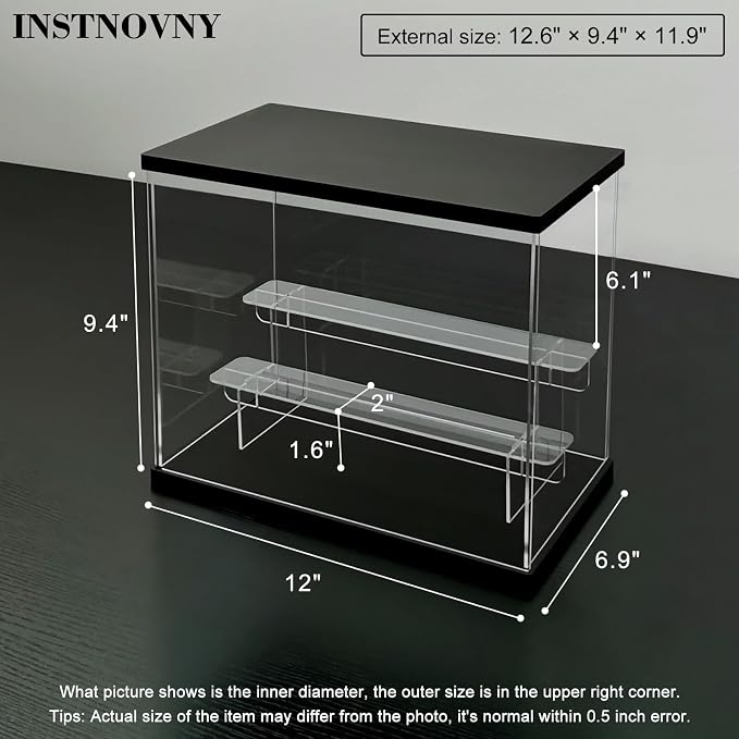 Clear Acrylic Display Case with Light 3 Tier Display Storage Box Assembly Dustproof Showcase for Collectibles Action Figures(Black, 12.0*6.9*9.4inch)