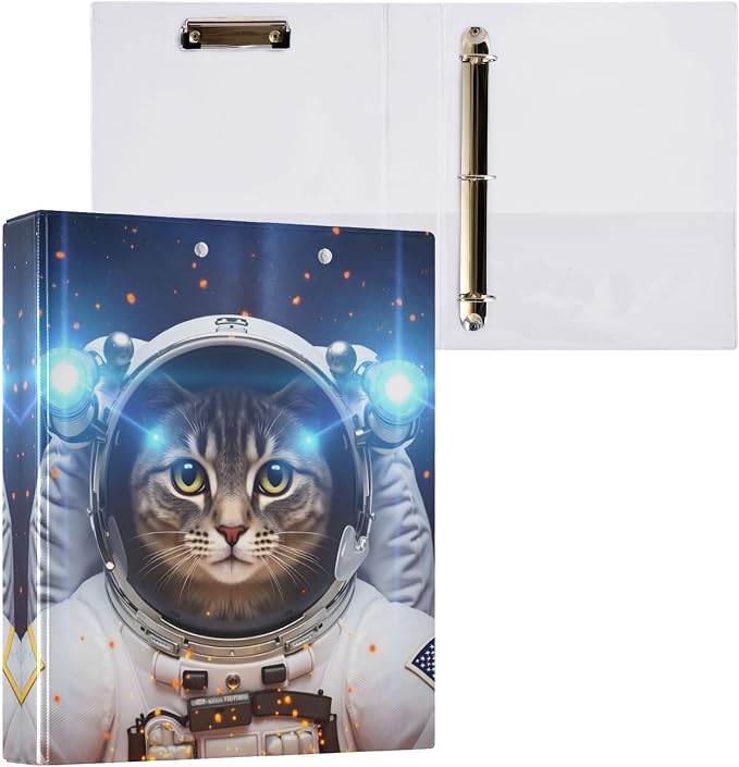3 Ring Binder Cat Space Astronaut 1.5" Round Ring Binders View Binder with 200 Sheet for Kids School Supplies Women Men Office, 1 Pack