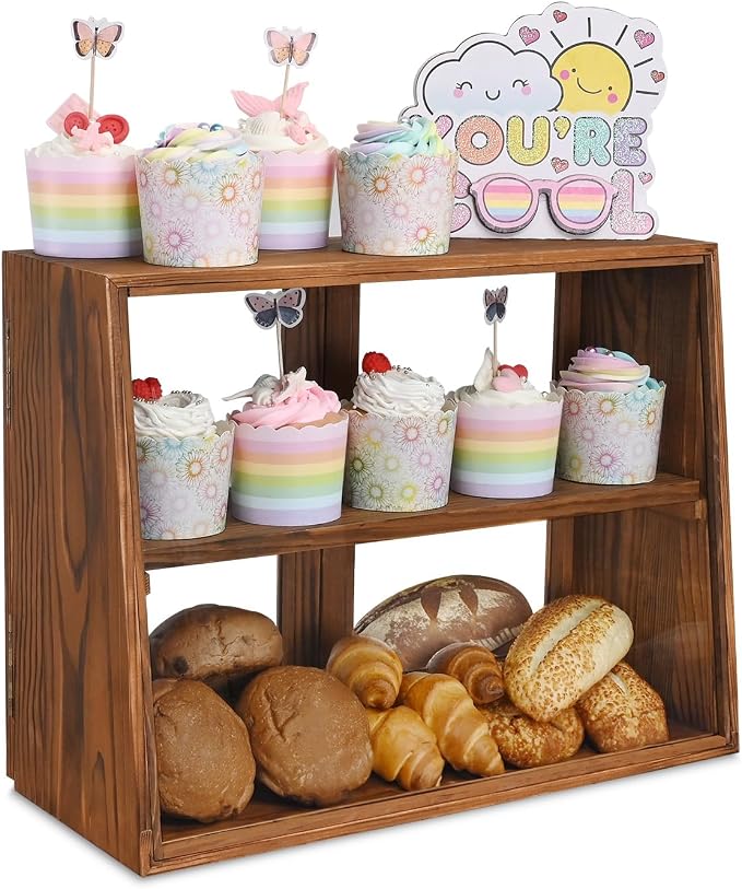 MOOCA Wood Glass Display Case with Double Doors, 2-Level Shelf, Brown | Brown wood-and-glass case with double doors and adjustable 2-level shelves displays collectibles, jewelry, or pastries.