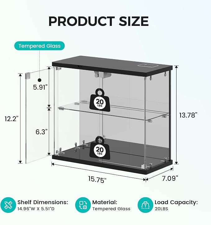 Dystler Glass Display Case with LED Lights, Small 2-Tier for Figures | Lighted Display Cabinet with Motion Sensor, Clear Tempered Glass Door, USB-C Charging Hub for Collectibles, Rocks, Tabletop