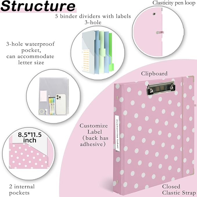 3 Ring Binder 1 inch with Clipboard - Pink Polka Dot Design, Includes Dividers, File Bag & Spine Label - Fun and Functional for School or Office, Holographic Waterproof Film