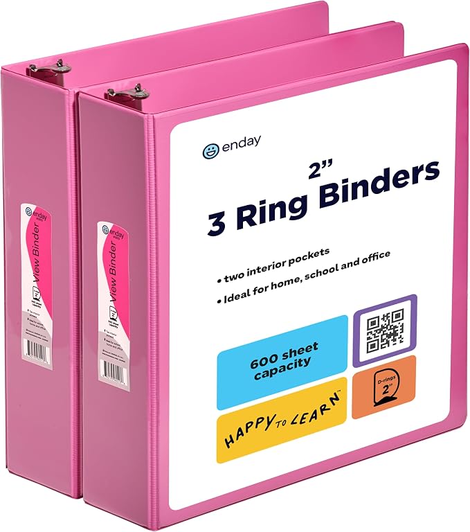 2 Inch Binder (2 Pack) Pink 2 Inch 3 Ring Binder, Clear View Cover with 2 Inside Pockets, Three Ring Binders for Home, Office and School Supplies - Enday