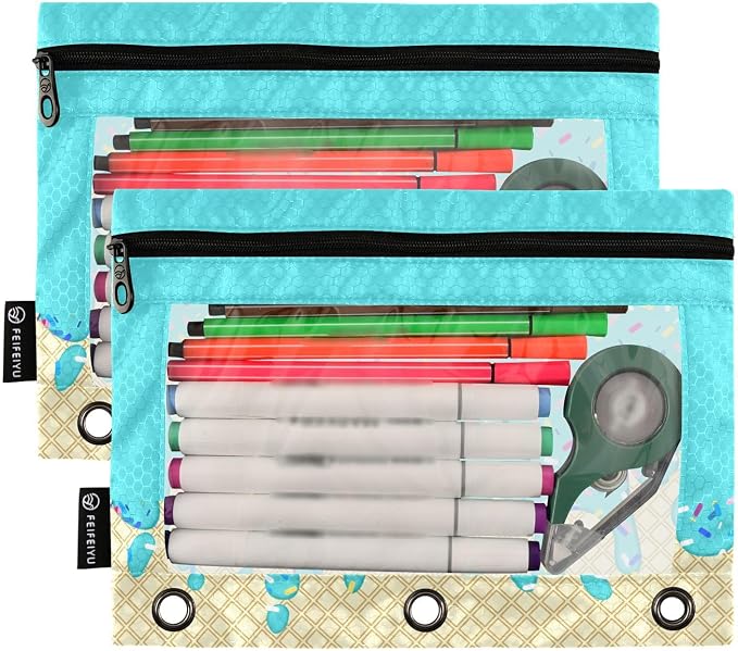 Custom Teal Blue Ice Cream Print Pencil Pouch for 3 Ring Binder, 2 Pack Personalized Name Waterproof Pencil Bags Clear Window Pencil Case School Office Supplies